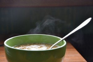 Hot broth in a bowl